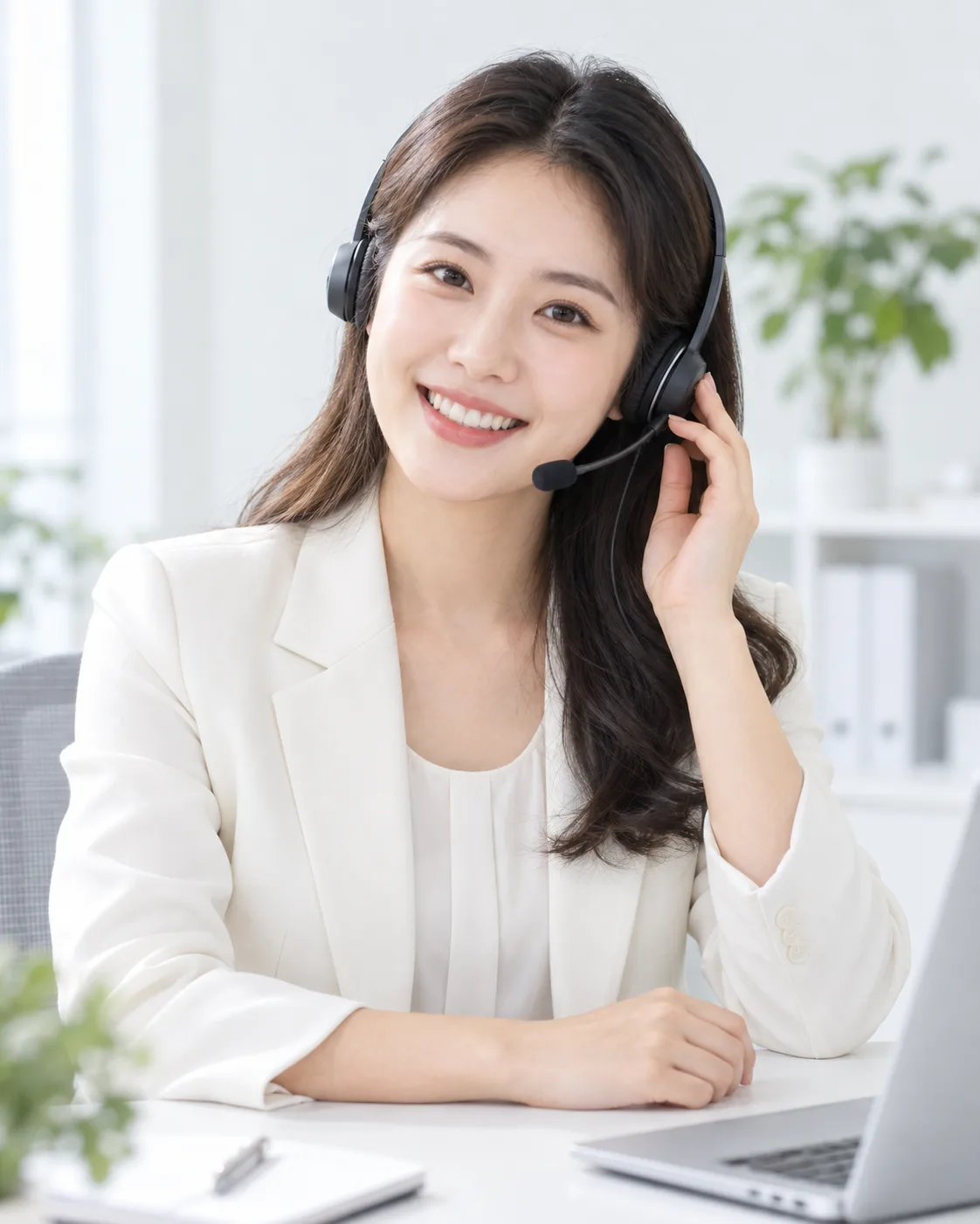 侧头微笑、佩戴耳麦并轻扶耳机的客服场景配图